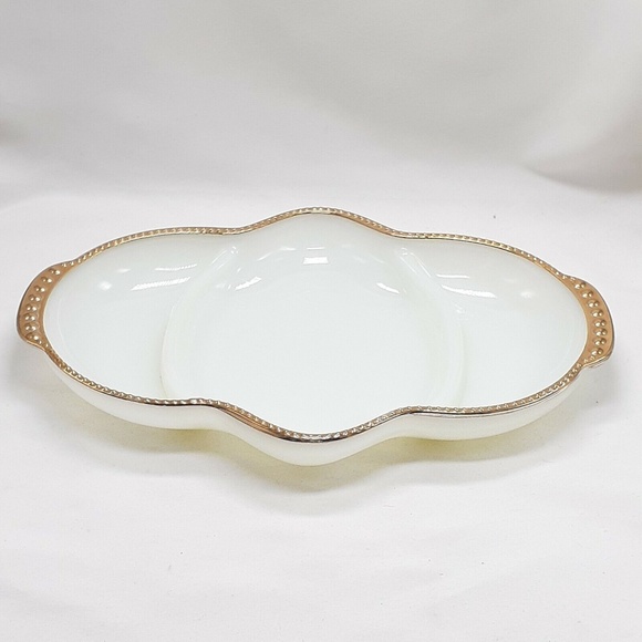 Vintage Fire King 11.25" White Milk Glass with Gold Trim Divided Dish - Picture 1 of 4